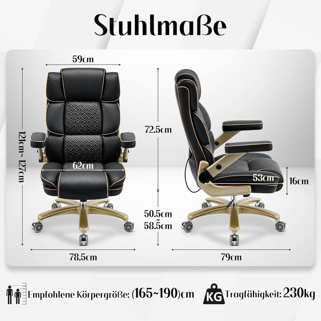 Silla de oficina Big and Tall de 230 kg, sillón ejecutivo ergonómico de piel con asiento cómodo, reposabrazos 5D, soporte lumbar ajustable, respaldo alto, silla giratoria grande para oficina en casa, negro