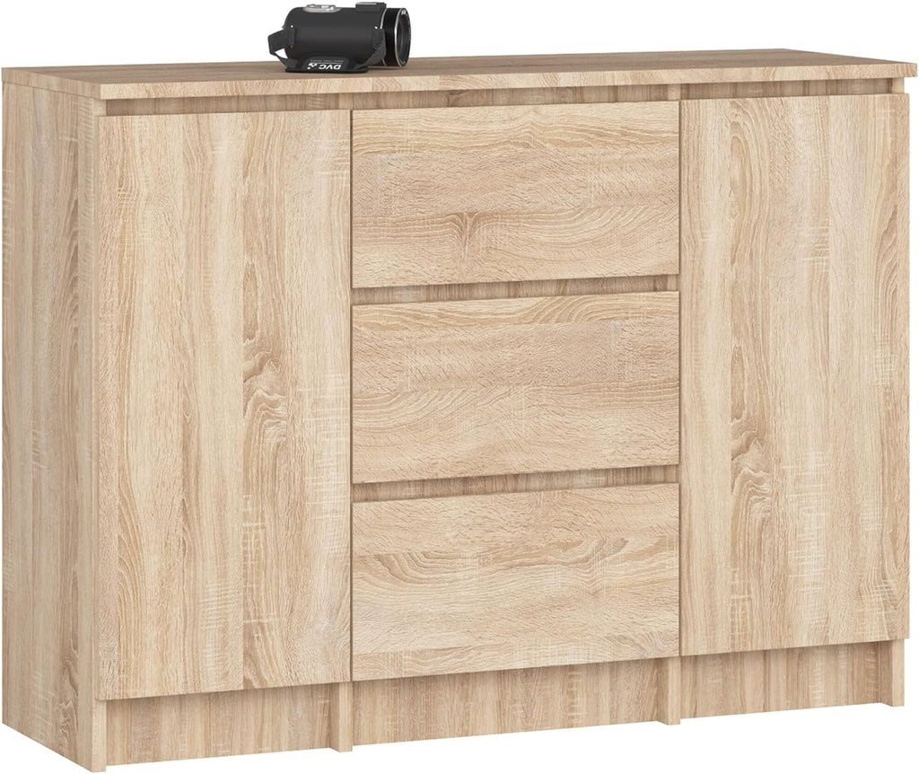 Cómoda AKORD K100 con 3 cajones, armario con 2 puertas y 4 estantes, para salón o dormitorio, moderna, tablero laminado de 16 mm, A101xH76xP35 cm, color roble Sonoma y roble Sonoma