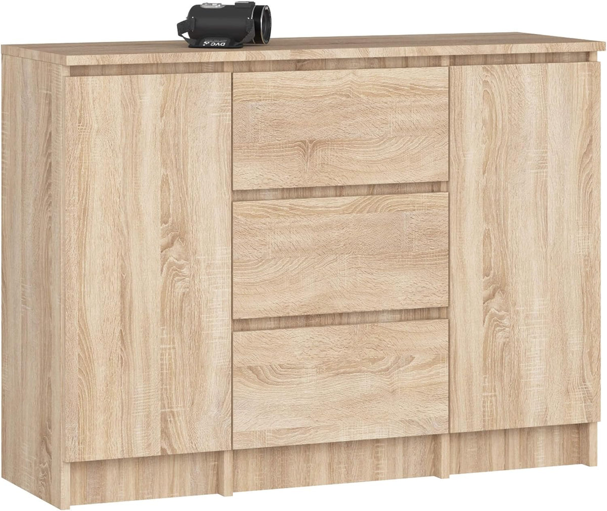 Cómoda AKORD K100 con 3 cajones, armario con 2 puertas y 4 estantes, para salón o dormitorio, moderna, tablero laminado de 16 mm, A101xH76xP35 cm, color roble Sonoma y roble Sonoma