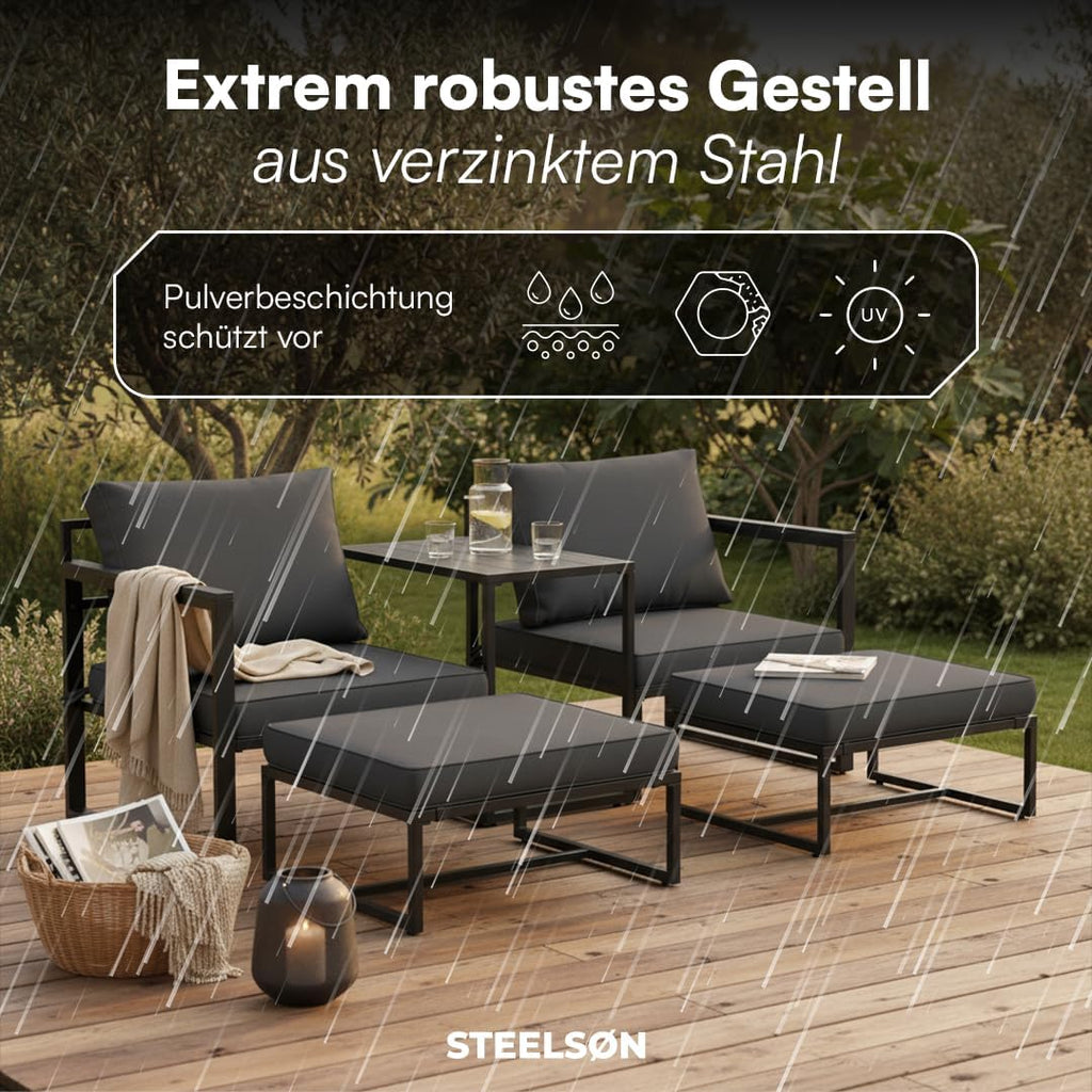 STEELSØN Asteri Sitzgruppe 5-teilig – Gartenmöbel Set mit 2 Sessel, 2 Hocker, 1 Tisch – Balkonlounge Metallgestell Schwarz – inkl. Sitzpolster anthrazit – Terrassenlounge für 2-4 Personen – wetterfest