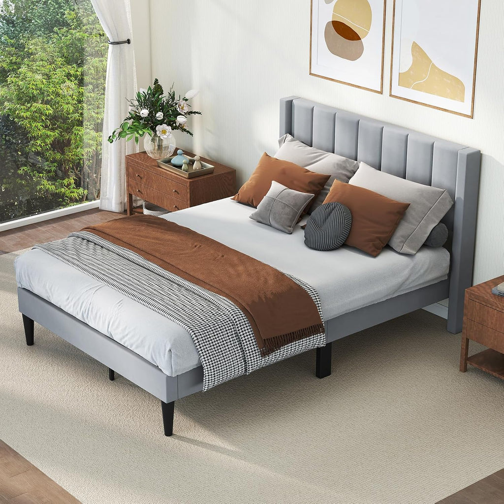 COSTWAY Rama łóżka na materac 200 x 140 cm, tapicerowany stelaż łóżka dwuosobowego, łóżko z podnóżkiem z zagłówkiem, drewniana podpora, regulowane podkładki pod stopy, kolor szary (Model I,L)