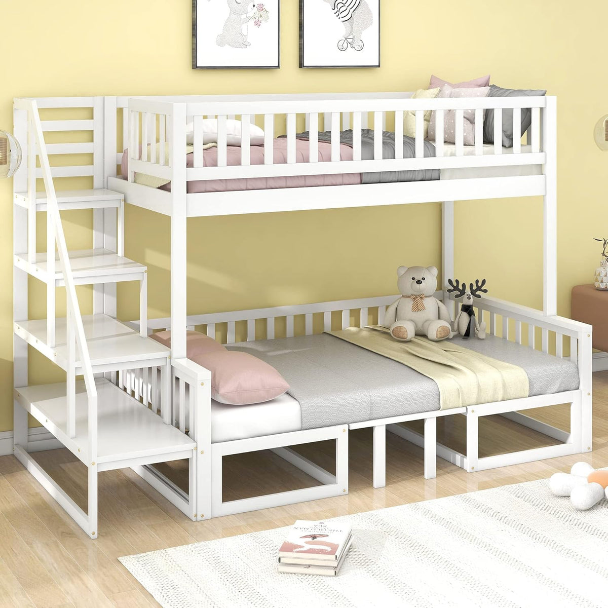 Litera infantil que ahorra espacio, cama alta con escritorio flexible y sofá de madera, cama para niños con escalera y protección anticaídas, 90x200cm + 120x200cm, cama funcional tipo litera, cama alta juvenil, blanco