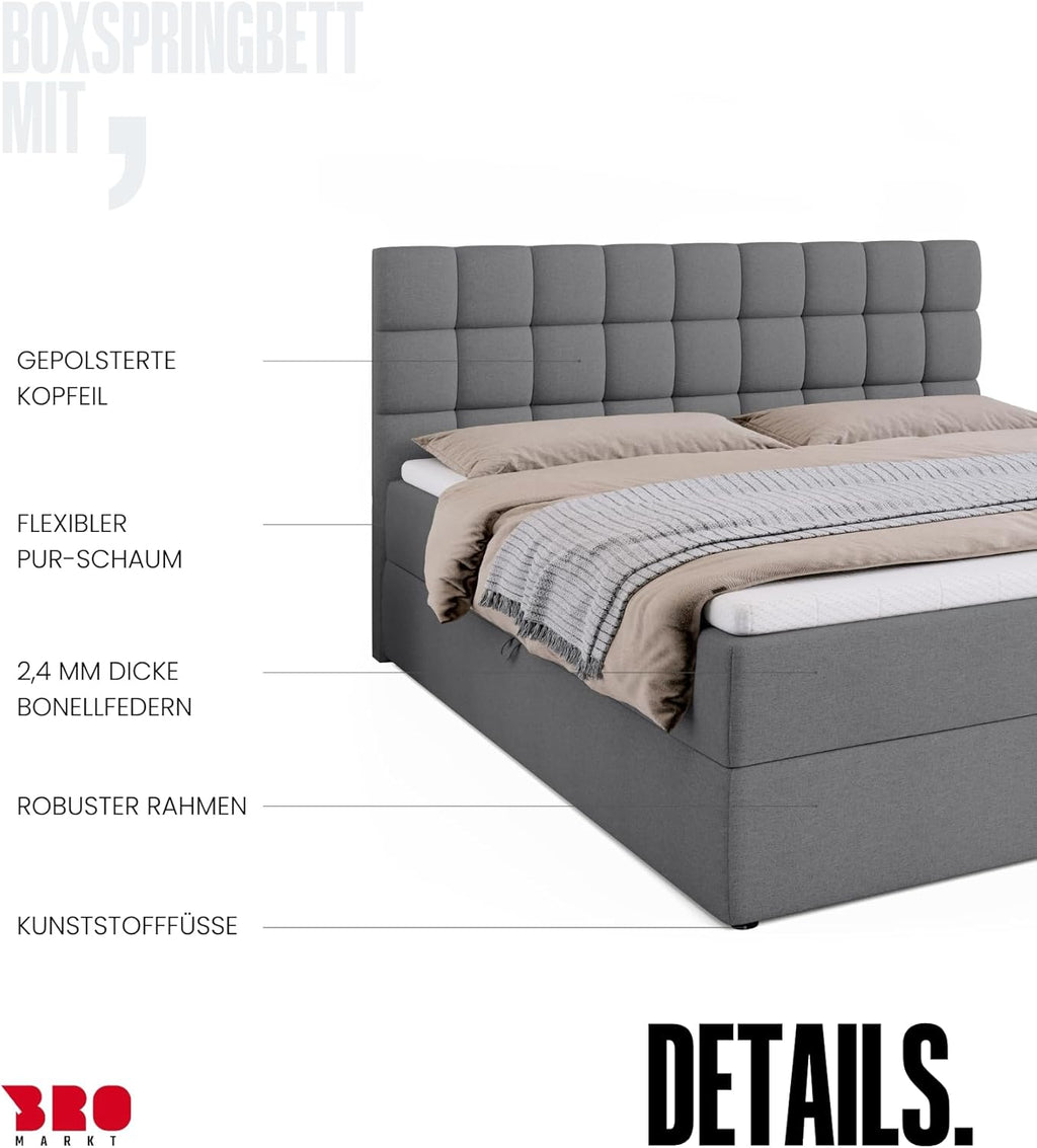 Cama boxspring BROMARKT con arcón, cama tapizada con colchón Bonell y topper, cama para dormitorio con cabecero acolchado Dakota, muelles Bonell, 180x200, grado de firmeza H3, gris Malmo