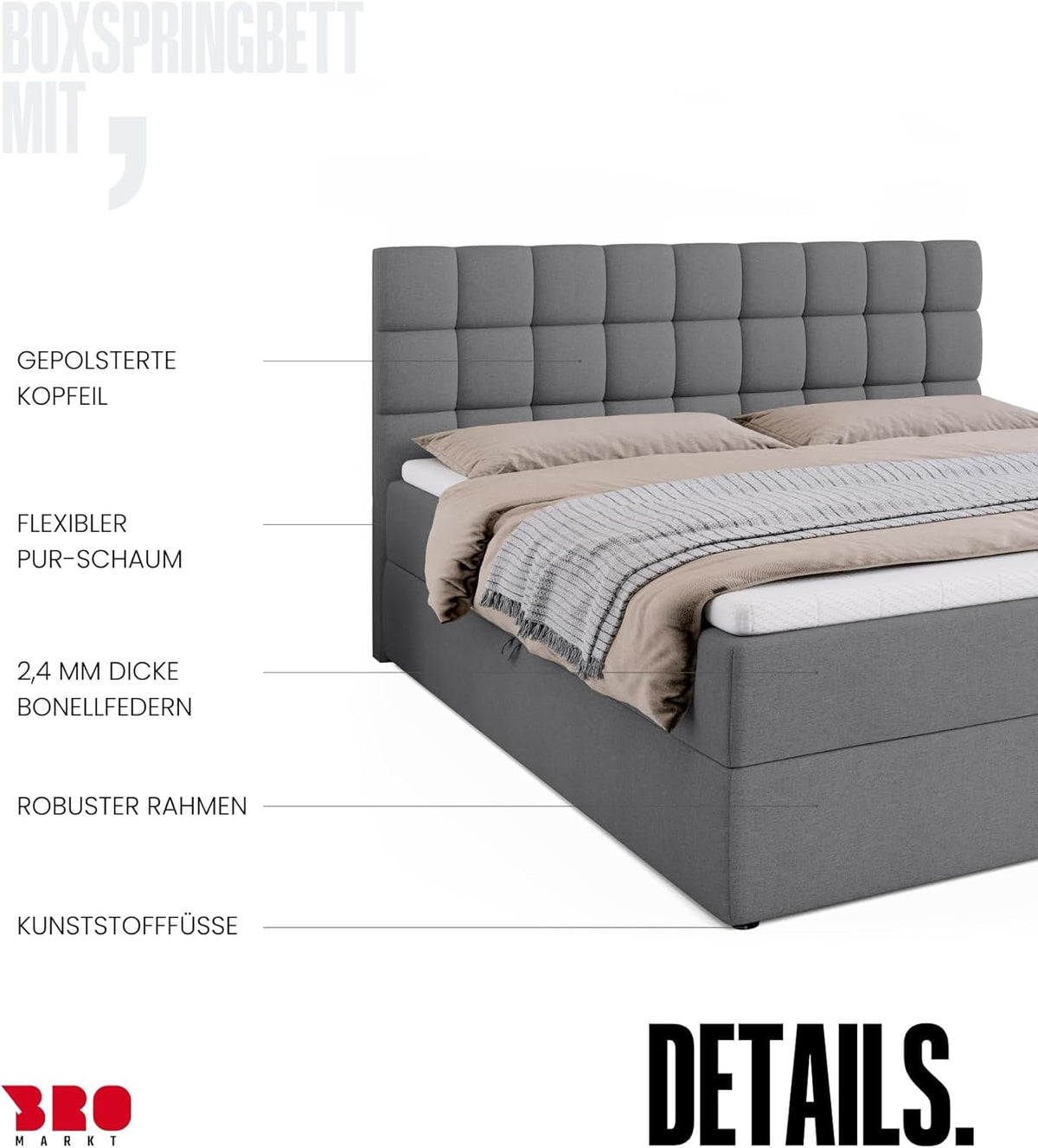 Cama boxspring BROMARKT con arcón, cama tapizada con colchón Bonell y topper, cama para dormitorio con cabecero acolchado Dakota, muelles Bonell, 180x200, grado de firmeza H3, gris Malmo