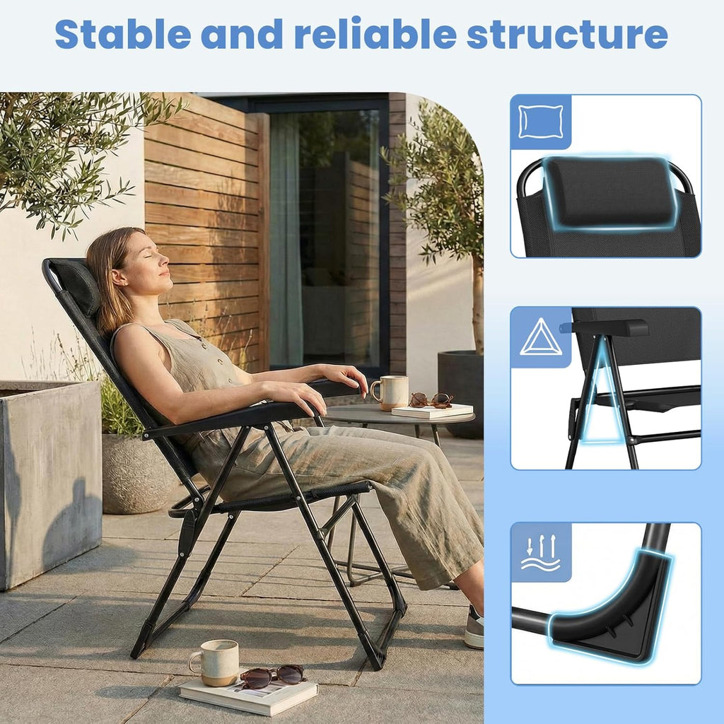 LIFERUN Juego de 4 sillas de jardín, sillas plegables, sillas de camping con reposacabezas, con 5 respaldos ajustables, sillas de balcón con respaldo alto, sillas de exterior para jardín, terraza, camping, negro, 4 piezas