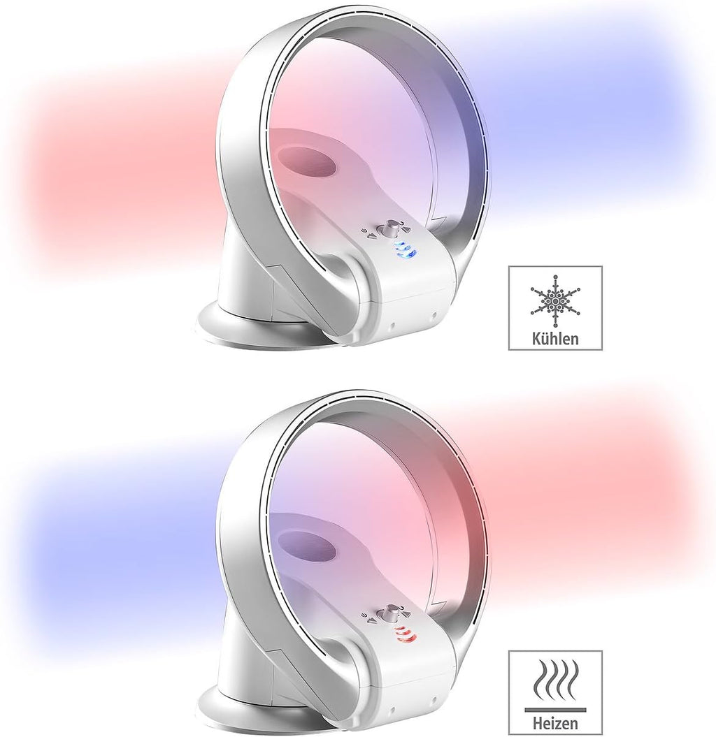 Ventilador sin aspas Sichler Haushaltsgeräte: Ventilador de mesa de 360° sin aspas y calefactor, oscilación, hasta 1100 W (ventilador con función de calefacción, sin hojas, mini)