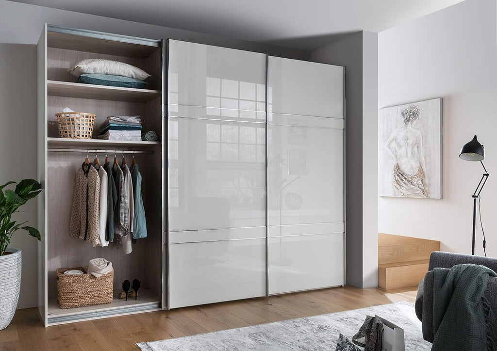 Armario WIEMANN Rialto, armario con puertas correderas, armario de dormitorio, con puertas deslizantes, ancho 300 cm, en blanco, cristal blanco, madera, A/H/P 300x236x67 cm