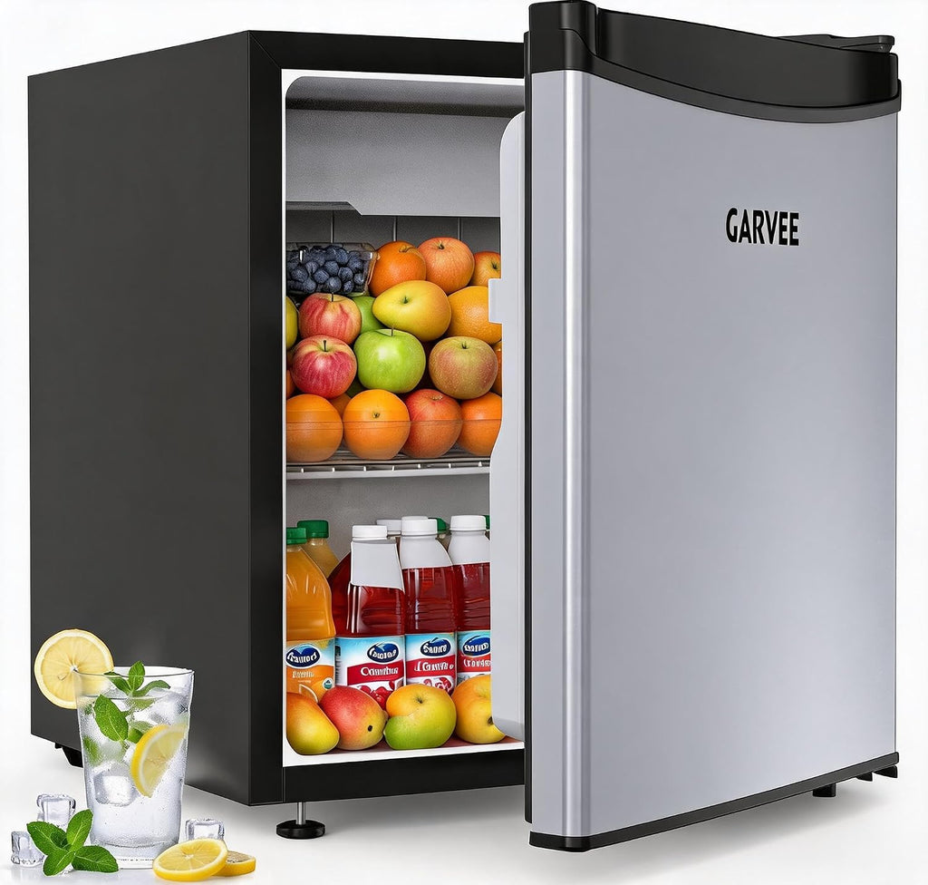 Mininevera Garvee Leiser 45L – frontal de acero inoxidable, 5 niveles de temperatura (0–18 °C), cajón para verduras, patas ajustables, compacta y eficiente energéticamente – para habitaciones y oficina – Estándar europeo