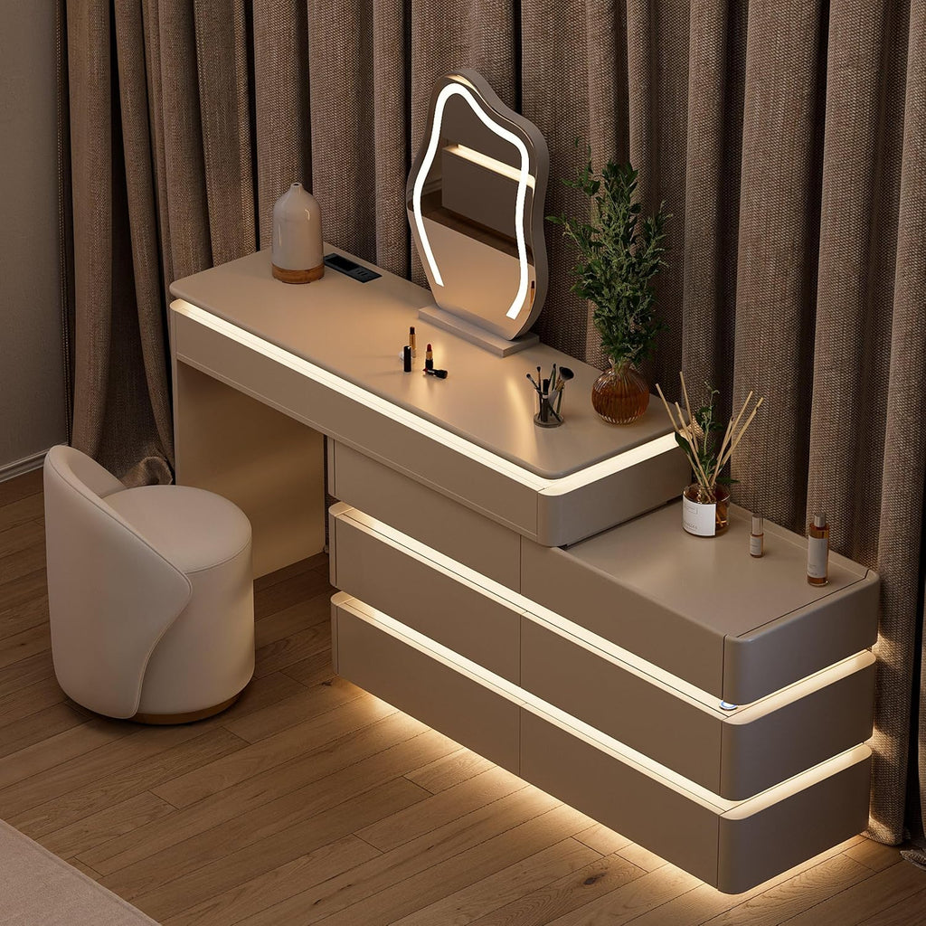 Tocador Homary con iluminación, tocador moderno con diseño extensible, iluminación LED regulable y estación de carga integrada para sus herramientas de belleza