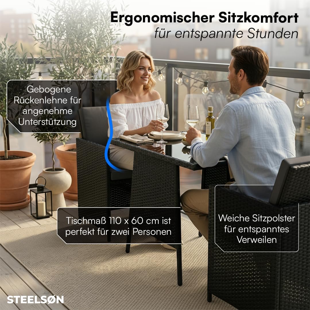 STEELSØN Xenara Conjunto de comedor de 3 piezas, 2 personas, negro/antracita, ratán