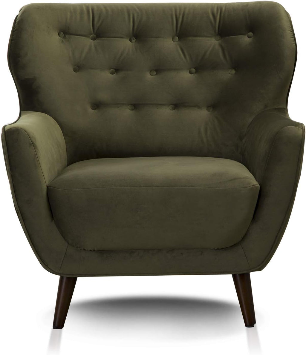 Sillón Abby de CAVADORE / Sillón tapizado retro con aspecto de terciopelo y botones decorativos / 87 x 89 x 88 / Aspecto de terciopelo, verde