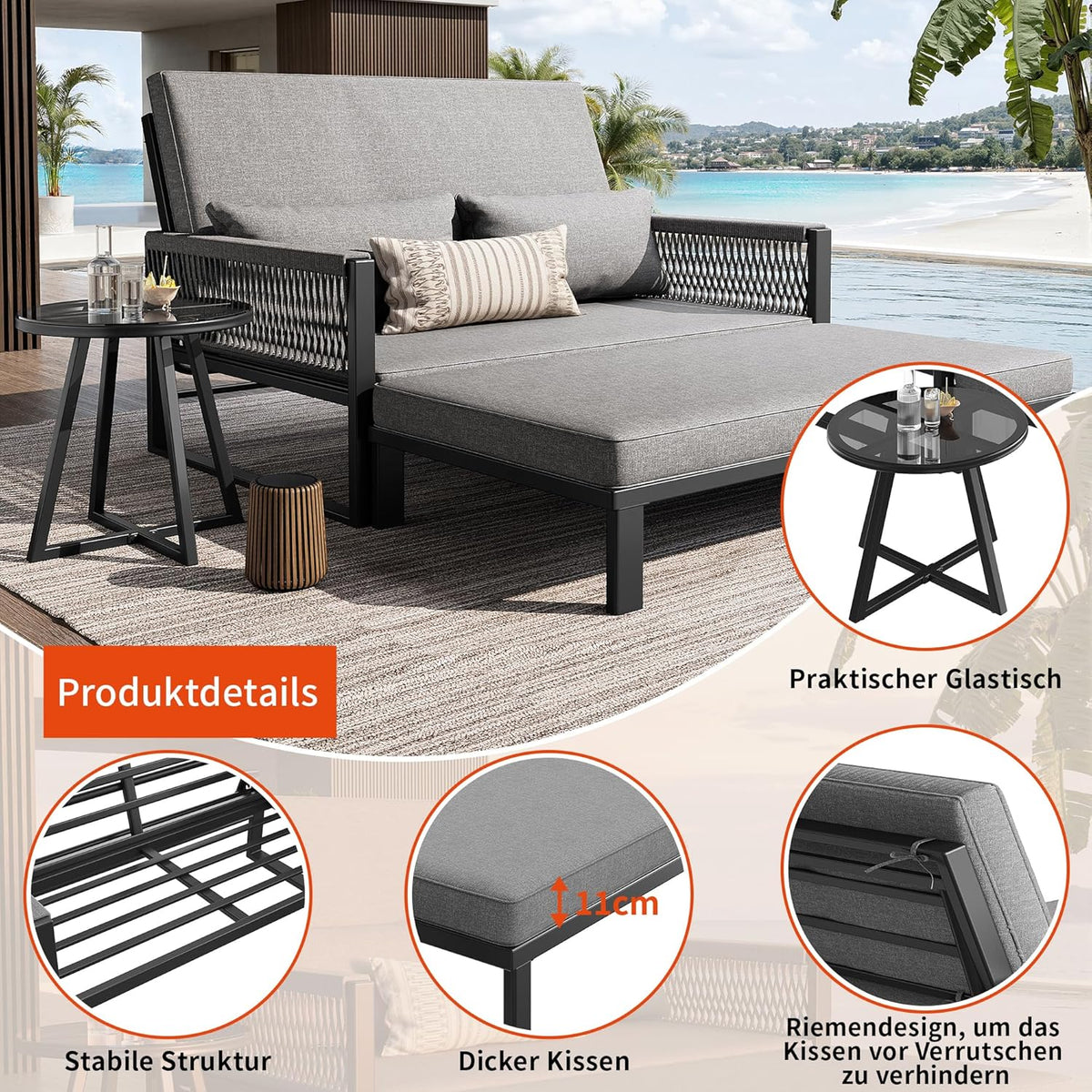 Tumbona de jardín con reposabrazos de hierro trenzado, sofá de exterior resistente a la intemperie, incluye mesa de centro de cristal y cojines, sofá cama para exterior, sofá de dos plazas con taburete y mesa de centro, gris