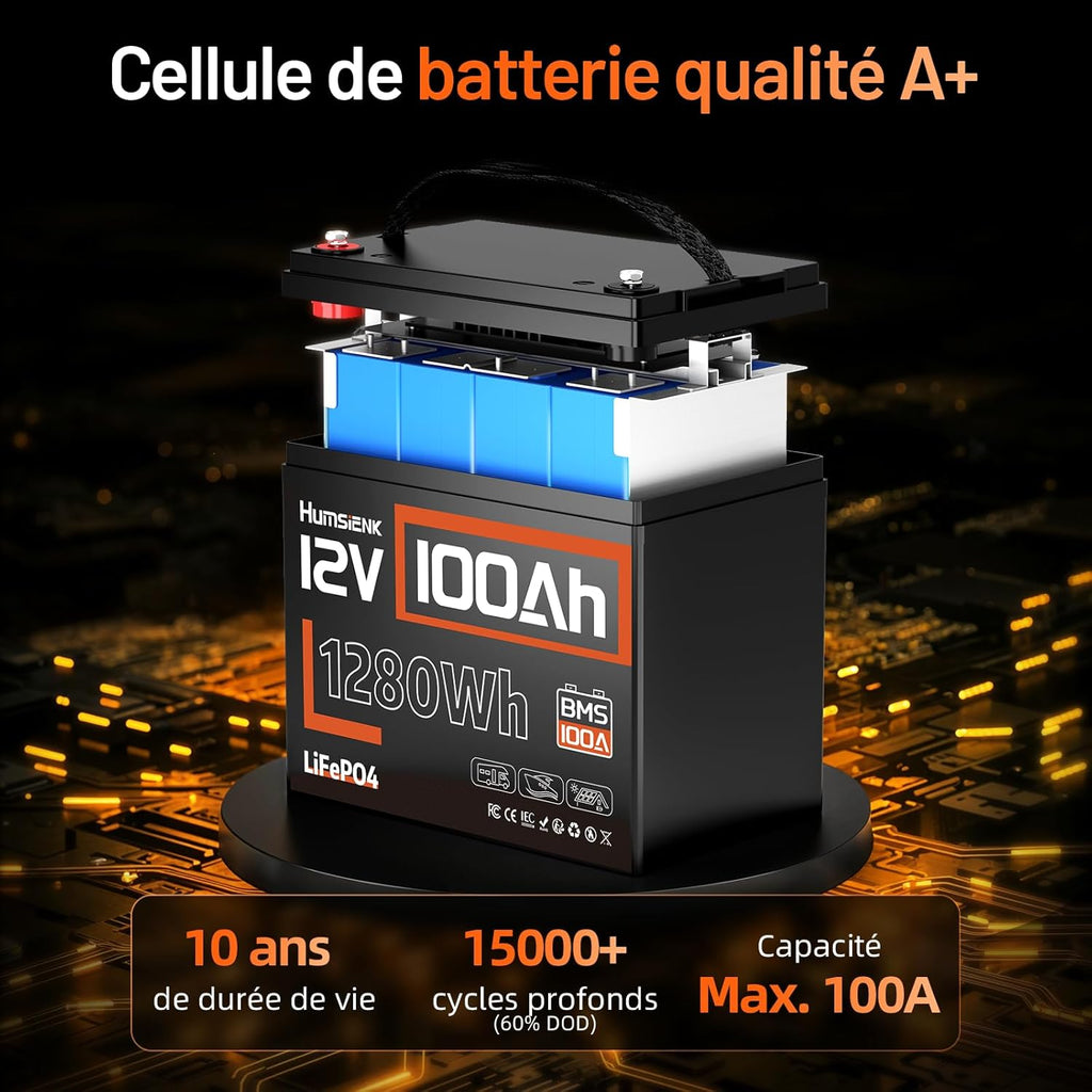 Batería de litio LiFePO4 HumsiENK 12V 100Ah, 1280Wh con BMS inteligente de 100A, 15000 ciclos profundos, 10 años de vida útil, para autocaravanas, energía solar, sistemas aislados y motores.