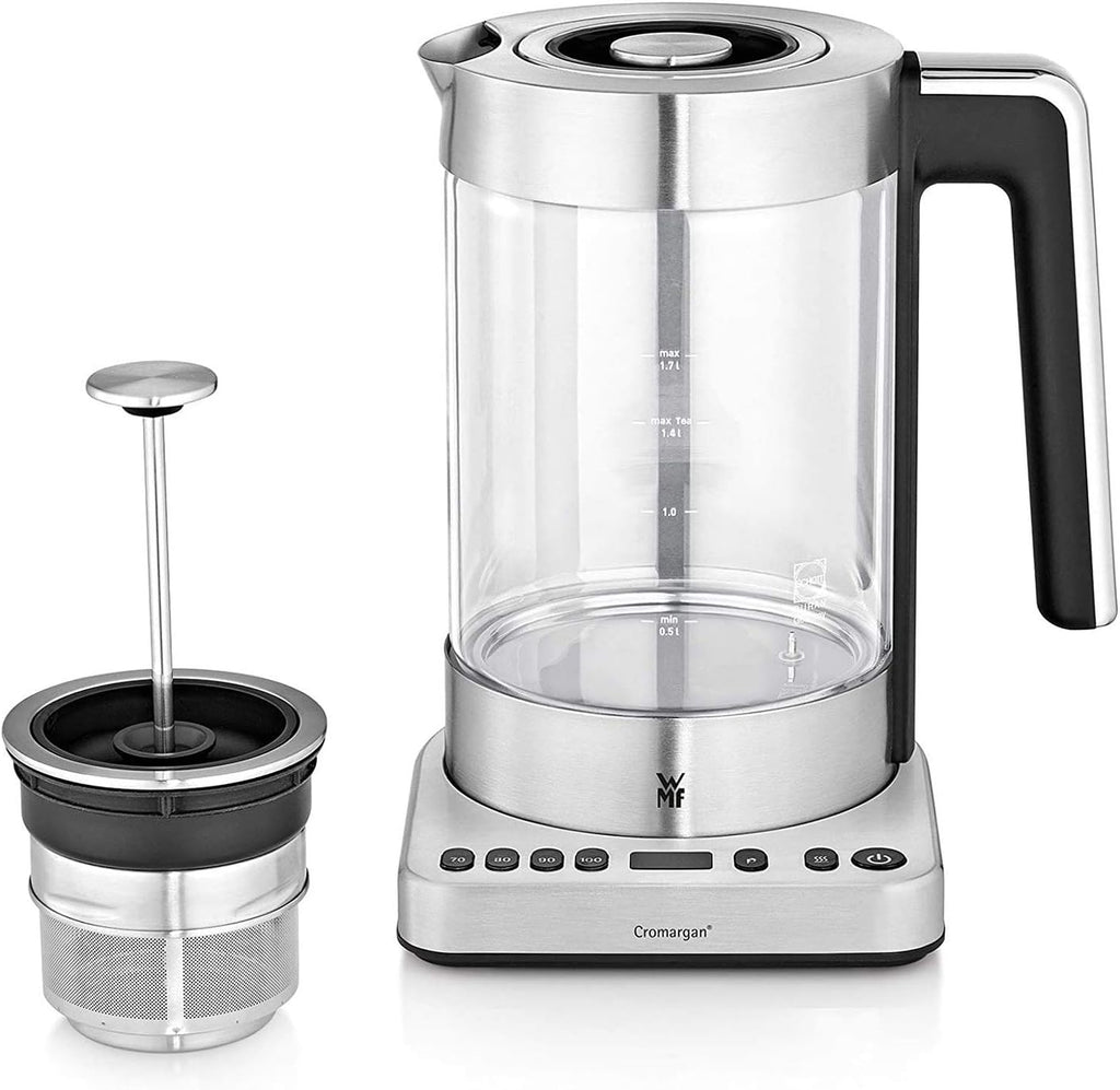 Tostadora de cristal WMF Lono con accesorio para panecillos, 2 rebanadas, XXL, elevación motorizada y hervidor de agua 2 en 1 Vario Lono, con ajuste de temperatura, 1,4-1,7 l, 3000 W, hervidor de té de cristal con infusor