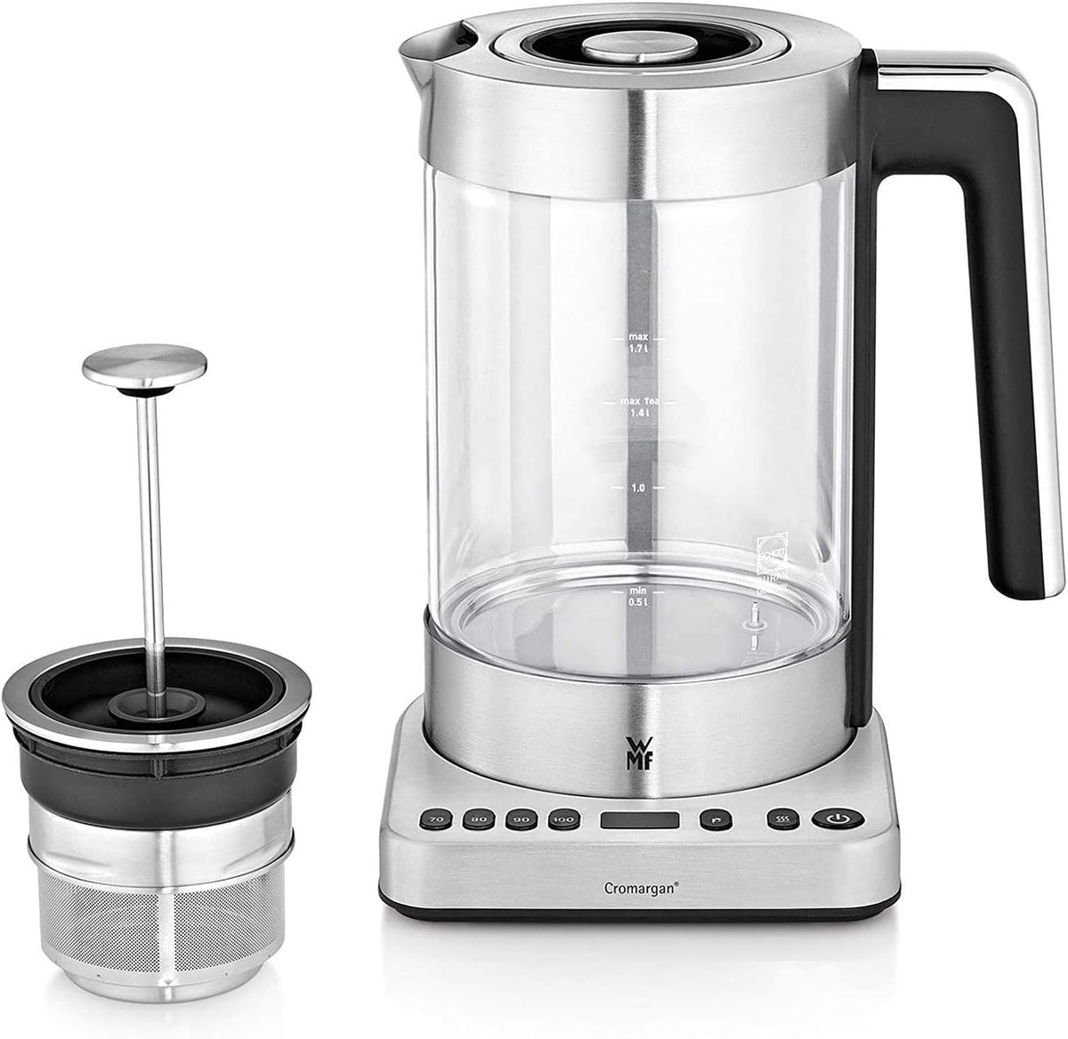 Tostadora de cristal WMF Lono con accesorio para panecillos, 2 rebanadas, XXL, elevación motorizada y hervidor de agua 2 en 1 Vario Lono, con ajuste de temperatura, 1,4-1,7 l, 3000 W, hervidor de té de cristal con infusor