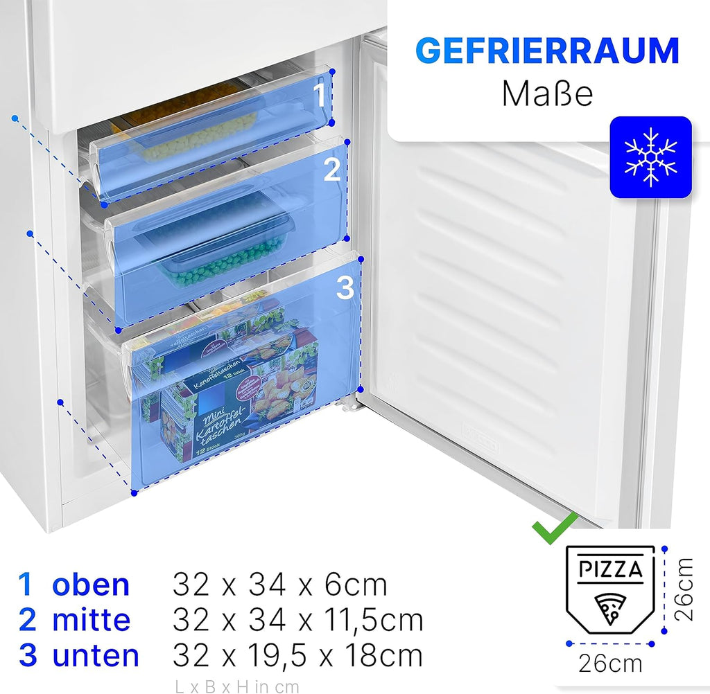 Refrigerador con congelador Bomann® de 143 cm de altura | Frigorífico combi de 175 L con 3 estantes y 3 cajones | Sentido de apertura de puerta reversible | Frigorífico combi silencioso de 39 dB | Frigorífico KG 322.1 aspecto inox