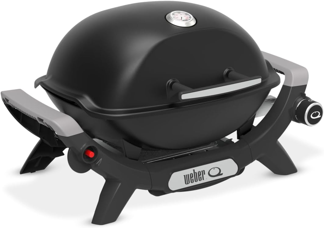 Barbacoa de gas Weber Q 1100N/Barbacoa portátil y ligera para camping, terrazas y balcones con quemador de alto rendimiento, parrillas de hierro fundido vitrificado y encendido electrónico, negro medianoche