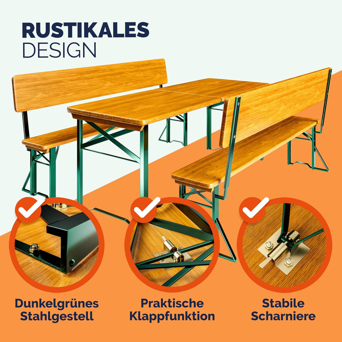 Casaria® Juego de mesa y bancos de cerveza con respaldo 170 cm, plegable y estable, 2 bancos, 1 mesa ancha, madera, mobiliario de jardín, mobiliario para eventos