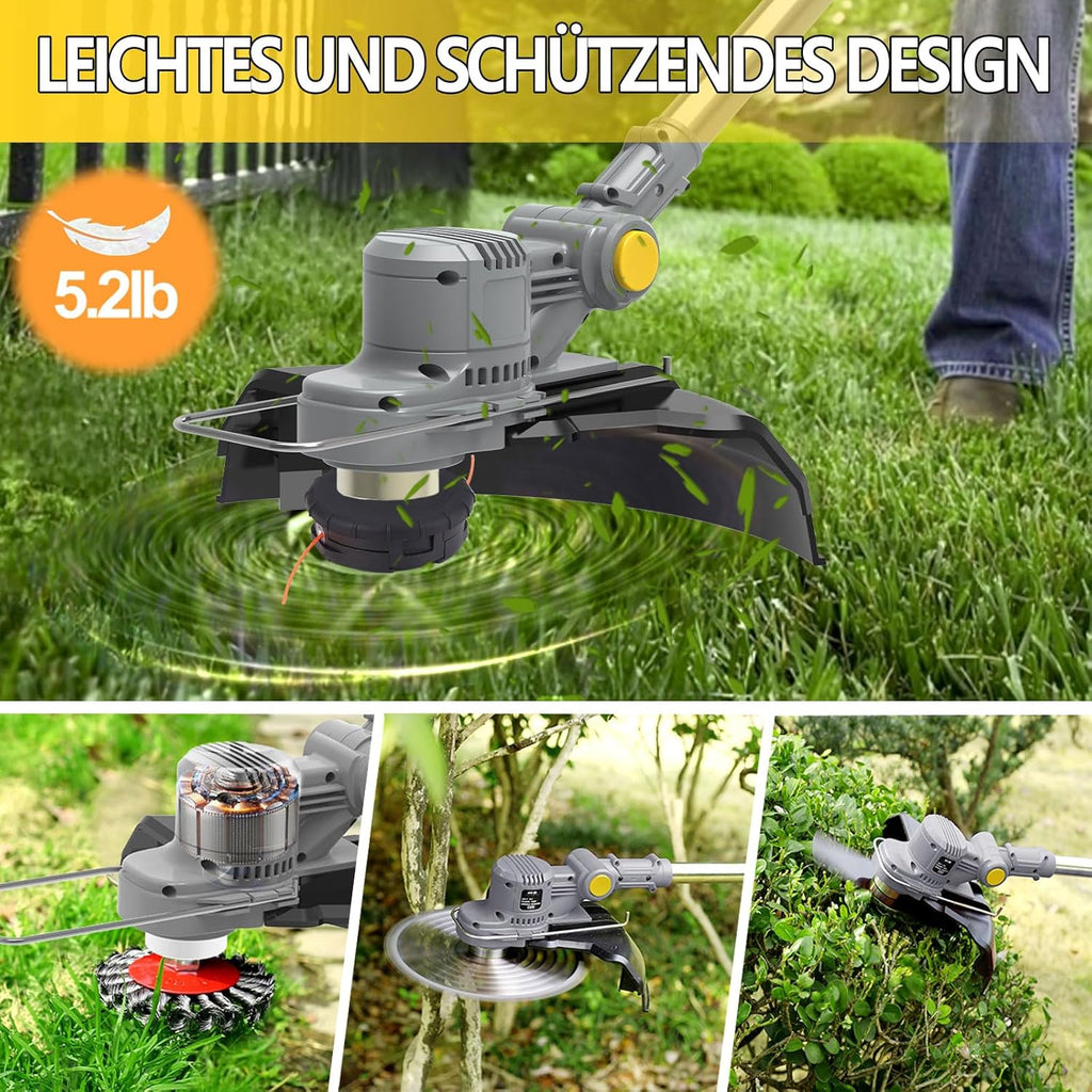 Cortacésped inalámbrico con batería y cepillo para malas hierbas 4 en 1, desbrozadora con cepillo para malas hierbas, desbrozadora sin escobillas de 21 V, cortacésped eléctrico con 2 baterías de 4.0 Ah, cargador, telescópico, ajustable, naranja