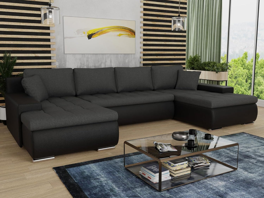 Sofnet conjunto de sofá en forma de U Faris con función de dormir - sofá, sofá cama con arcón, conjunto de sofá con función cama, sofá grande, sofá cama (negro + grafito (Madryt 1100 + Inari 94))