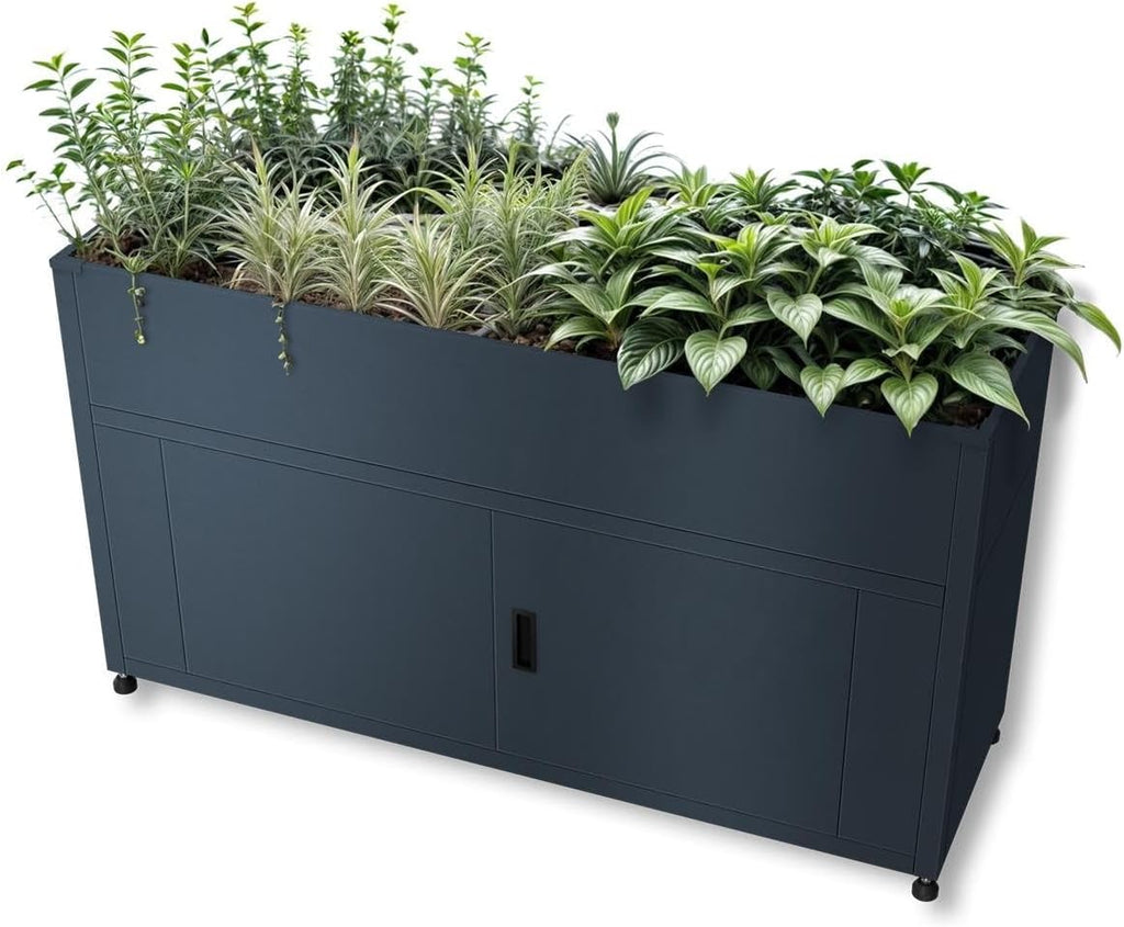 Cama elevada Metzler para jardín con espacio de almacenamiento – Acero con recubrimiento en polvo en color antracita RAL 7016 | Cama de cultivo metálica resistente a la intemperie, huerto, jardinera elevada | 160 x 85 x 50 cm