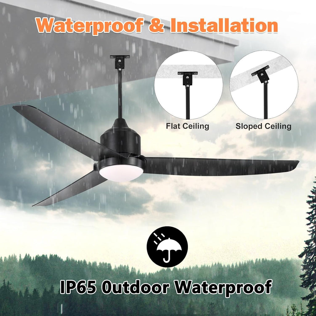 Ventilador de techo con iluminación y mando a distancia, resistente al agua IP65, ventilador de exterior regulable, lámpara de techo moderna con ventilador, ventilador silencioso con luz para dormitorio, balcón y exterior