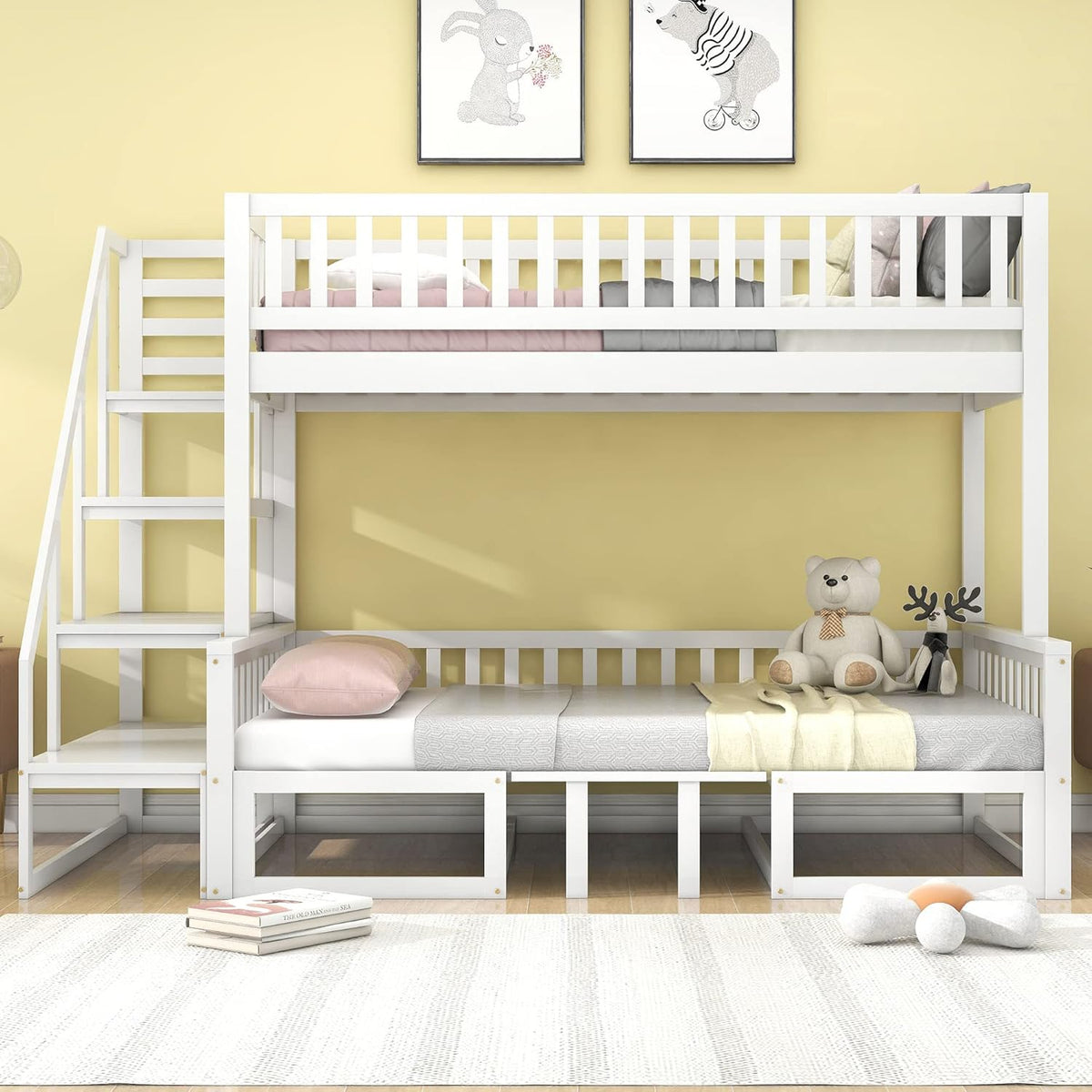 Litera infantil que ahorra espacio, cama alta con escritorio flexible y sofá de madera, cama para niños con escalera y protección anticaídas, 90x200cm + 120x200cm, cama funcional tipo litera, cama alta juvenil, blanco