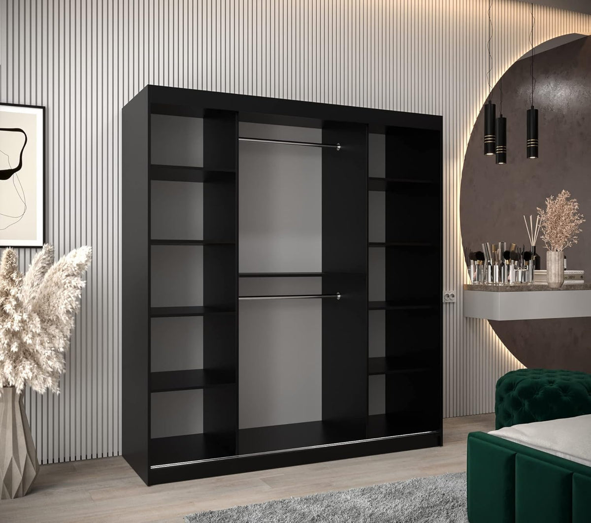 MEBLE KRYSPOL Armario con puertas correderas Verona 1 de 180 cm, armario con barra para colgar ropa y estante, armario para dormitorio o sala de estar, puertas correderas, diseño moderno (cajones: 0, negro + blanco)