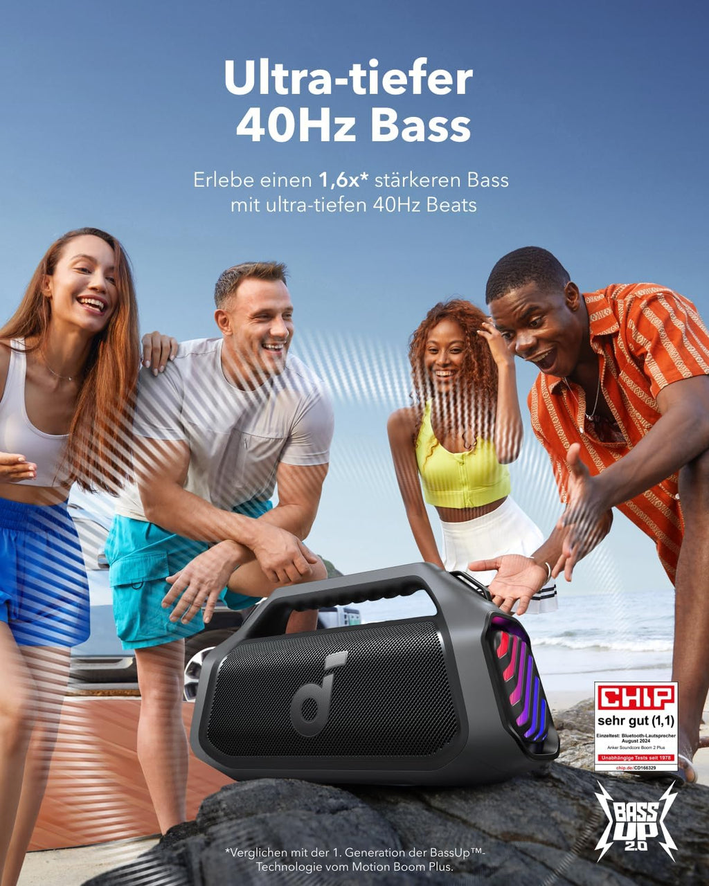 Altavoz para exteriores soundcore Boom 2 Plus, 140W, canal 2+2, BassUp 2.0, 20h, carga rápida, resistente al agua IPX7, luces RGB, USB-C, banco de energía, BT 5.3, altavoz Bluetooth portátil, camping