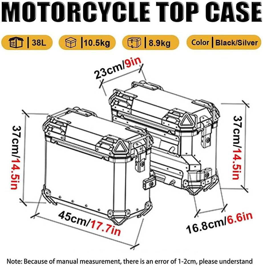 AZIZAT Maleta lateral universal para motocicleta de 38 L, alforja para moto de turismo, alforjas rígidas de aluminio, baúl trasero, caja universal, B, plata