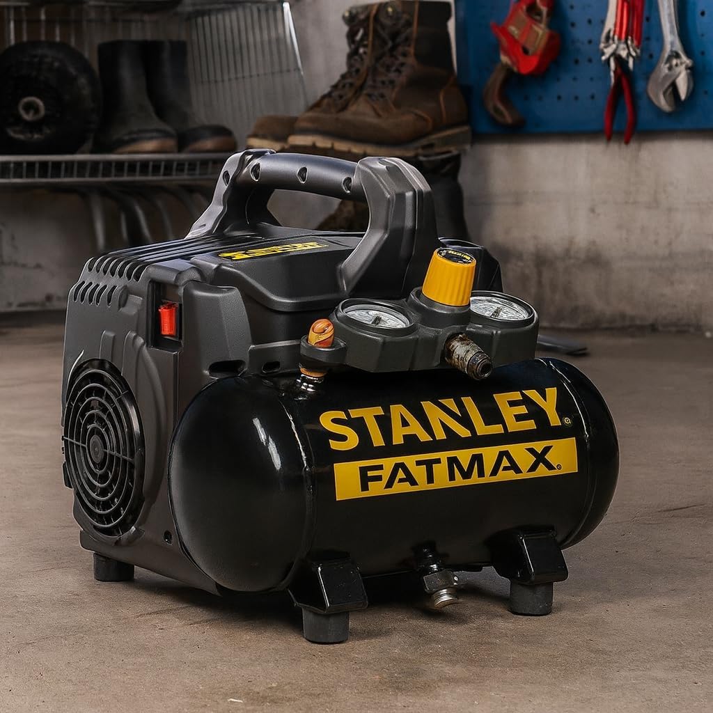 Stanley Fatmax Kompressor DST 101/8/6 FMXCM00 - Kompresor powietrza 8 bara - Cichy kompresor powietrza 59dB - Pojemność zbiornika 6 litrów - Kompresor zasilany akumulatorem 1450 obr./min