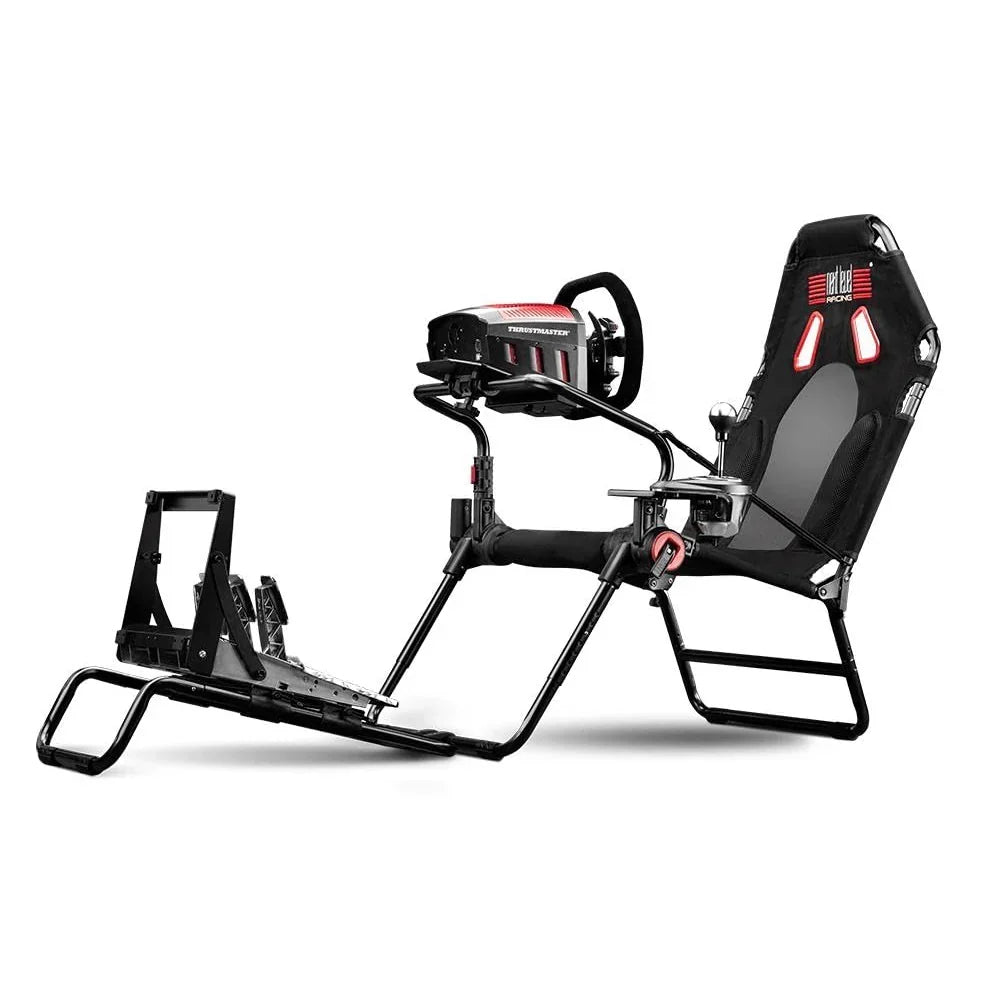 Cabina de simulación de carreras GTLite, soporte plegable ajustable para volante, pedales y palanca de cambios, diseño compacto y fácil de almacenar.