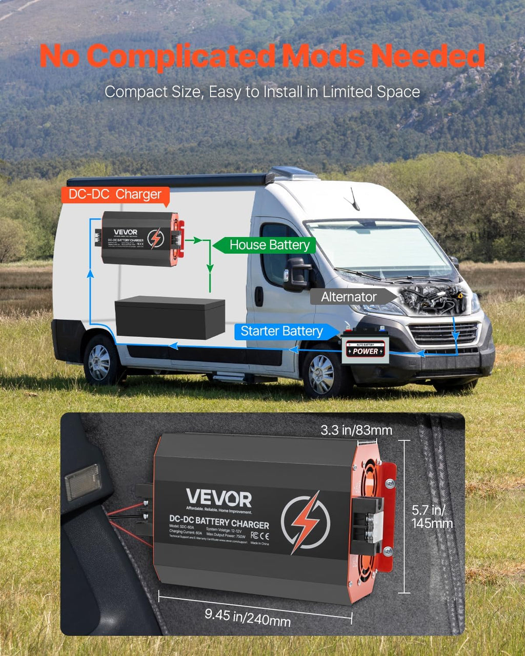 VEVOR Cargador de batería CC a CC 12 V 60 A 750 W para baterías de plomo-ácido, litio, AGM, GEL, fácil de instalar, cargador inteligente multietapa para automóviles, vehículos recreativos, camiones, barcos