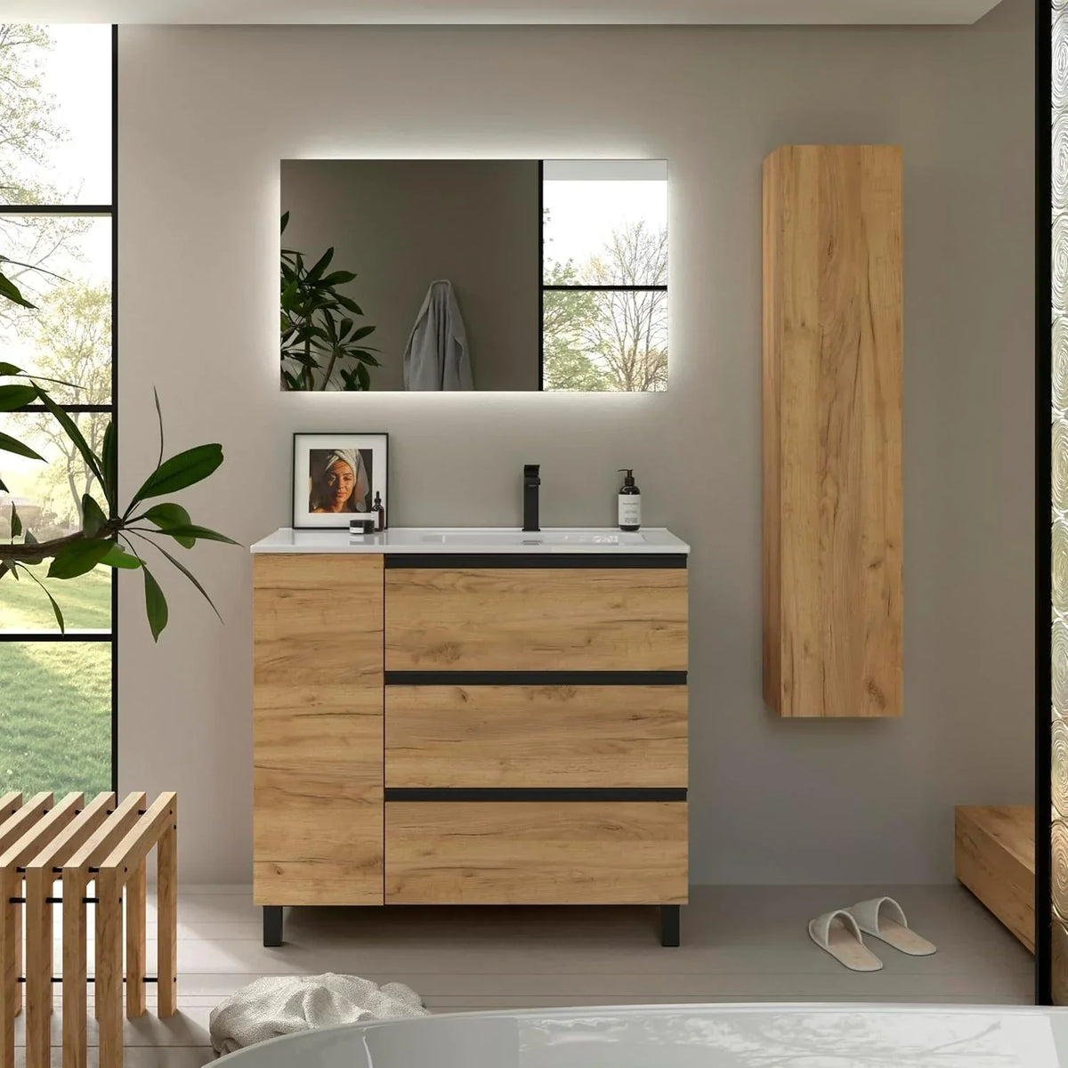 Mueble de baño BEQUIA Plus Metal 3 cajones 90 cm Roble | Lavabo porcelana grifo derecha