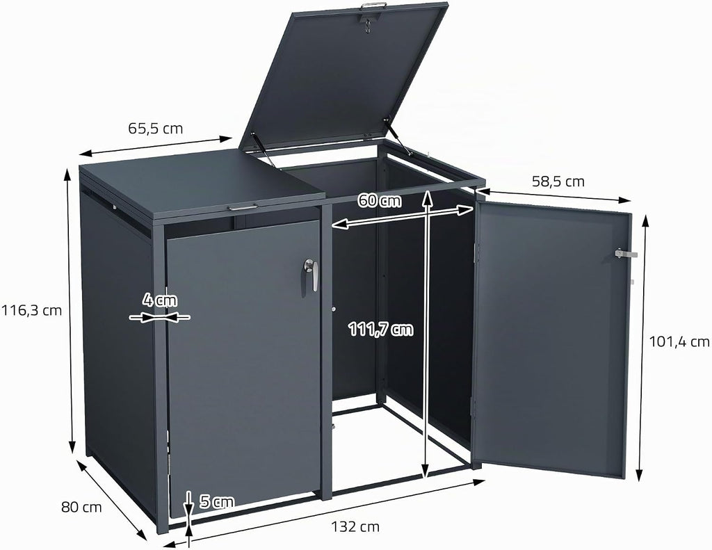 ML-Design Cobertizo para 4 cubos de basura de 240 L, 264x80x116,3 cm, antracita, acero, resistente a la intemperie, cerramiento bloqueable con tapa abatible/4 puertas, contenedor para cubos de basura, cubierta para cubos de basura