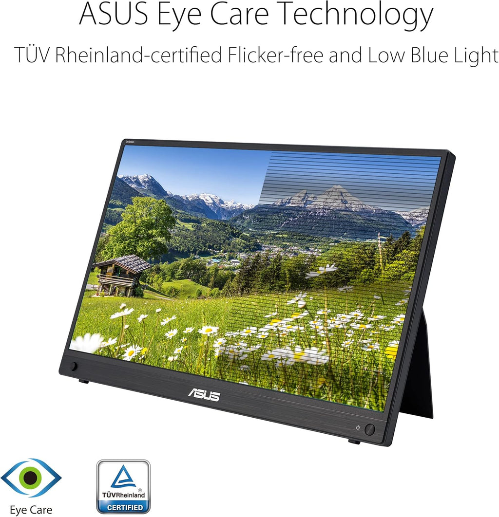 ASUS ZenScreen MB16AHG – Monitor portátil 15,6", FHD 1920 x 1080, Teletrabajo, IPS, 144Hz, USB-C, Mini-HDMI, FreeSync Premium, soporte ergonómico, filtros de luz azul, para portátil y consola