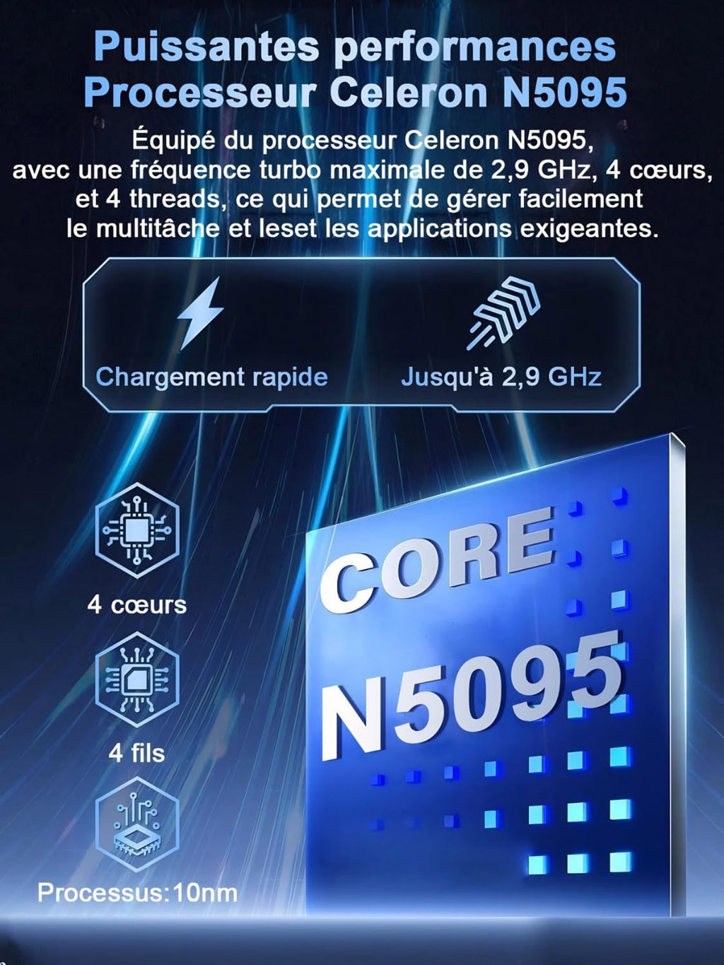 Ordenador portátil de 14'' Celeron N5095 (hasta 2,9 GHz) 8 GB RAM 256 GB SSD con soporte de expansión de 1 TB (TF 512 GB) 1920x1200 Quad Core PC portátil Win11 Laptop 5G WIFI Mini HDMI teclado AZERTY cubierta - Azul