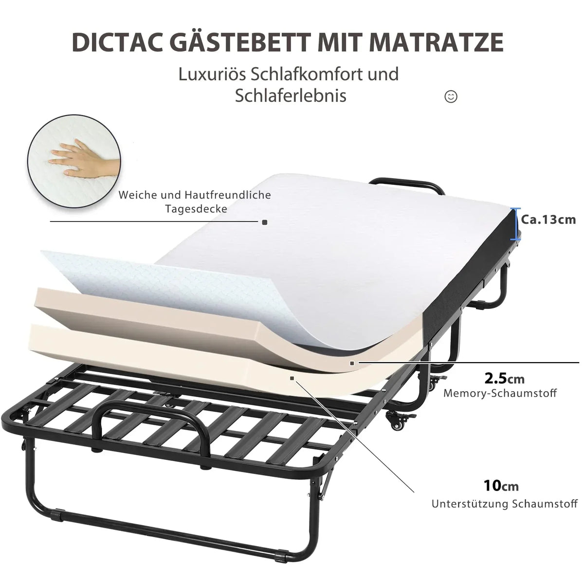 Cama plegable DICTAC 90x200cm para adultos con colchón de espuma viscoelástica de 13cm, estructura metálica plegable con ruedas, capacidad de carga de 200kg