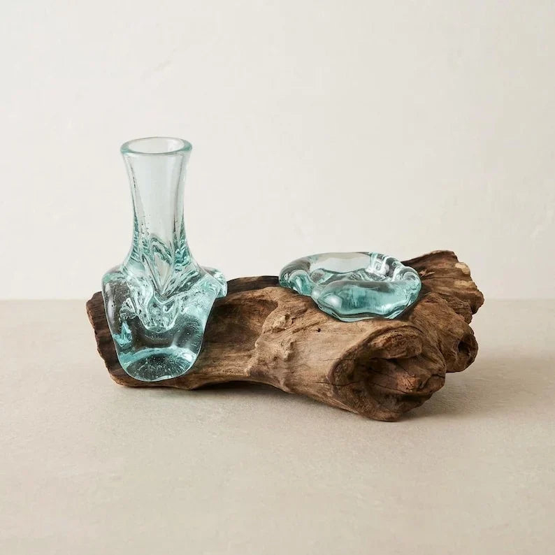 Jarrón de cristal sobre madera a la deriva con portavelas – Vidrio fundido sobre madera, decoración rústica de bosque, mini florero