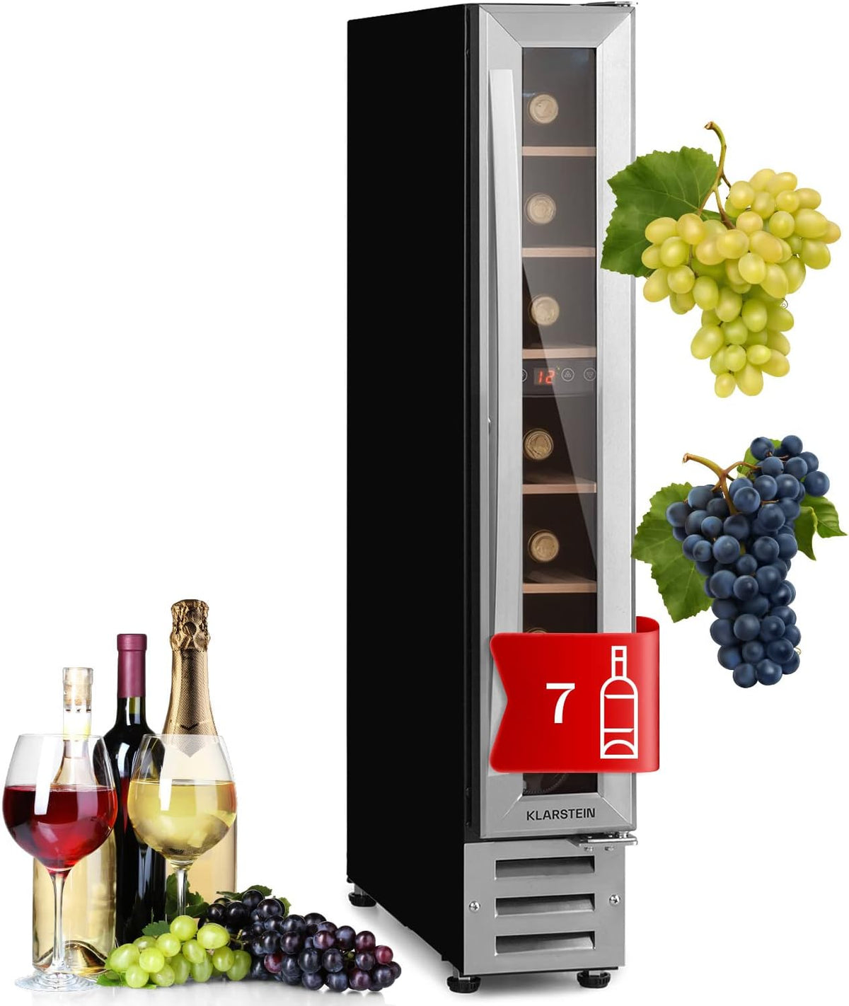 Vinoteca Klarstein, nevera para bebidas de 1 zona, pequeña vinoteca empotrable estrecha, enfriador de vino de 20 l con puerta de cristal, nevera para botellas interior/exterior, frigorífico para vinos 5-22 °C, 7 botellas
