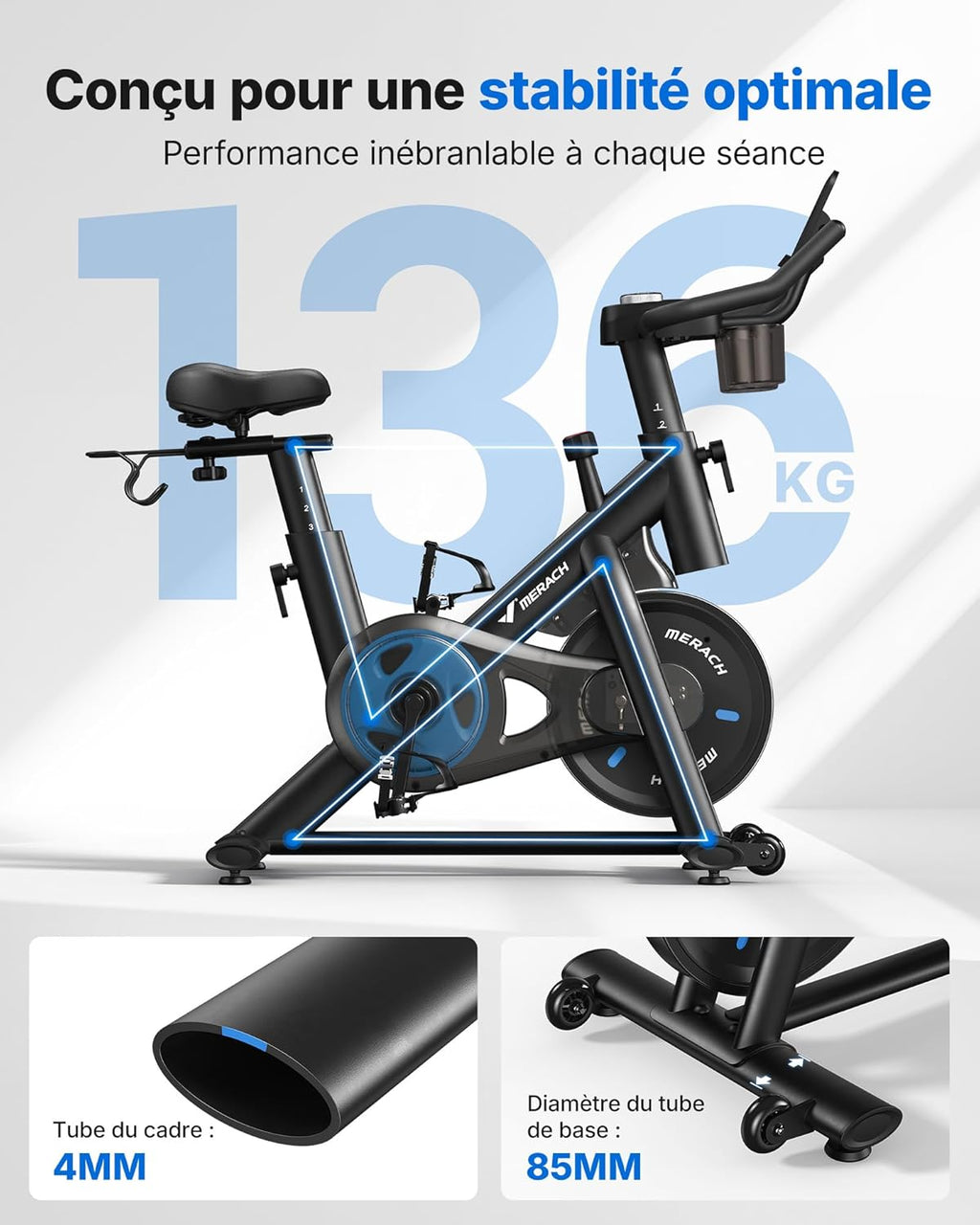 MERACH Bicicleta Estática para Casa - Bicicleta de Fitness de Interior Silenciosa con Resistencia Ajustable, Pantalla LED, Asiento Cómodo, para Entrenamiento Cardio, App Exclusiva, Capacidad Máx. 136 KG