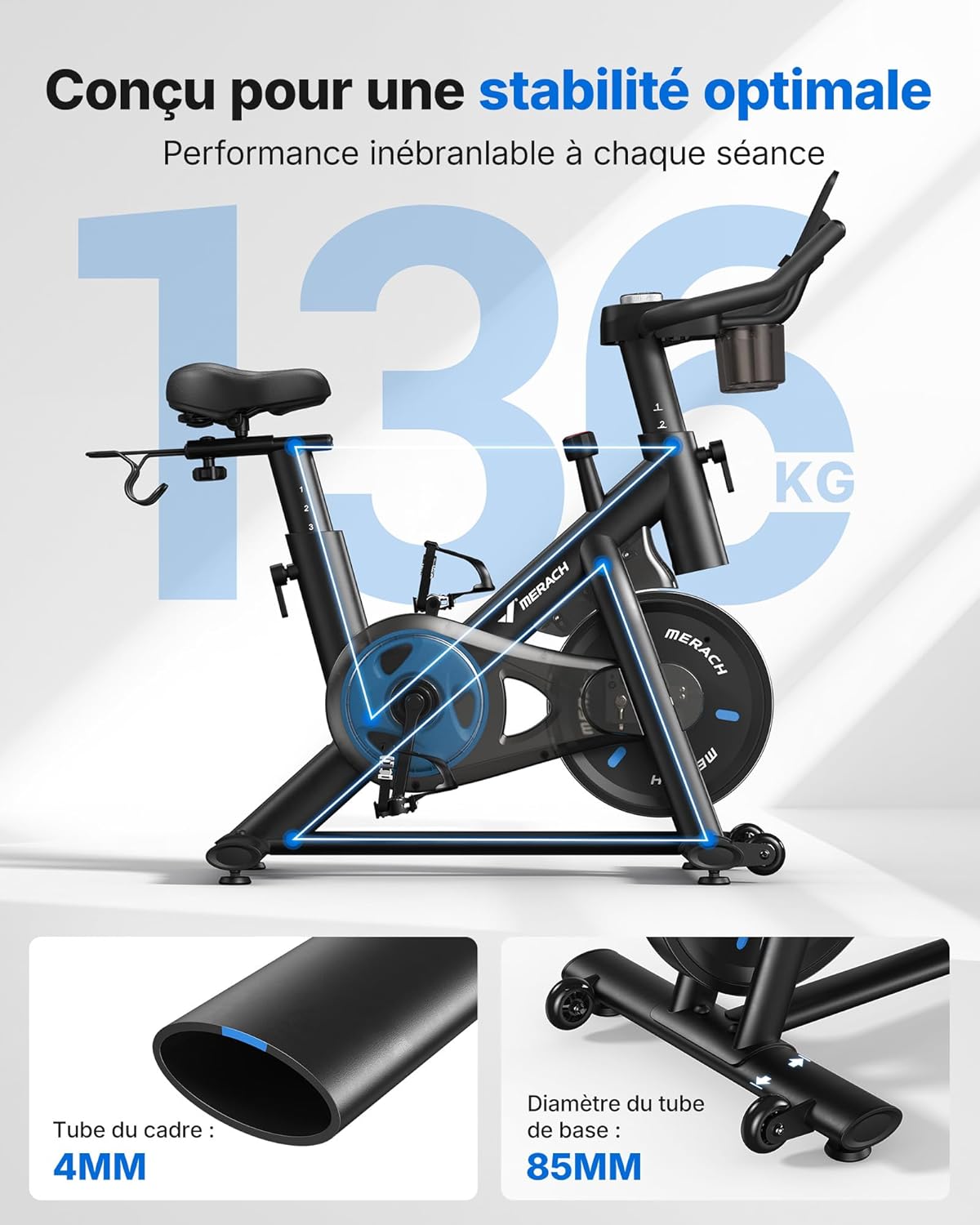 MERACH Bicicleta Estática para Casa - Bicicleta de Fitness de Interior Silenciosa con Resistencia Ajustable, Pantalla LED, Asiento Cómodo, para Entrenamiento Cardio, App Exclusiva, Capacidad Máx. 136 KG
