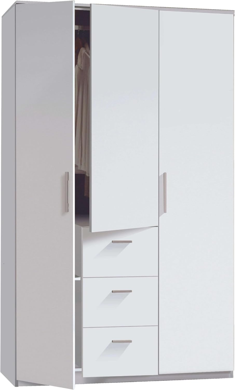 Habitdesign Armario Ropero 3 puertas y 3 cajones, 203x117x52 (alto x ancho x fondo - en cm), con barra de colgar y estantes, color blanco brillo