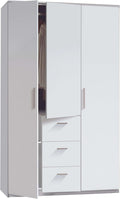 Habitdesign Armario Ropero 3 puertas y 3 cajones, 203x117x52 (alto x ancho x fondo - en cm), con barra de colgar y estantes, color blanco brillo