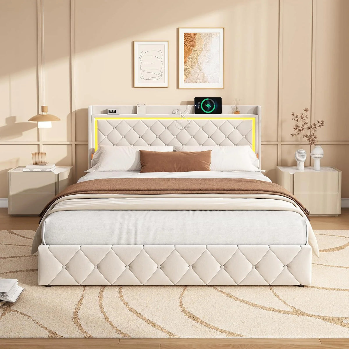 Podwójne łóżko z pojemnikiem 140 x 200 cm, łóżko tapicerowane 140 x 200 cm z 4 szufladami, LED i portem USB, funkcjonalne łóżko z zagłówkiem, rama łóżka z stelażem listwowym, aksamit, bez materaca