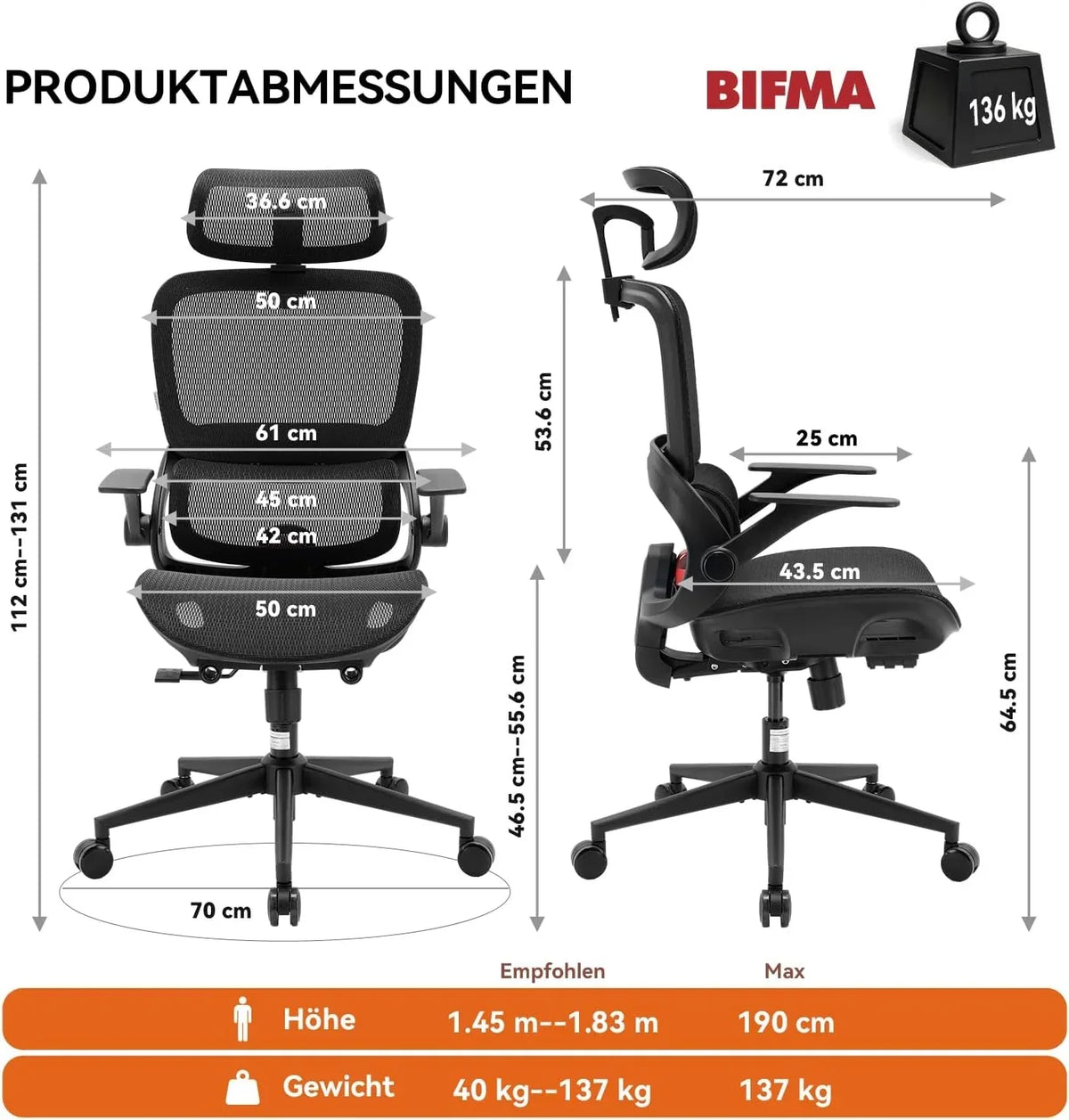 Silla de oficina ergonómica con soporte lumbar ajustable y reposacabezas B100 Lite, inclinación de 90-135°, silla giratoria de malla, 72x70x112 cm
