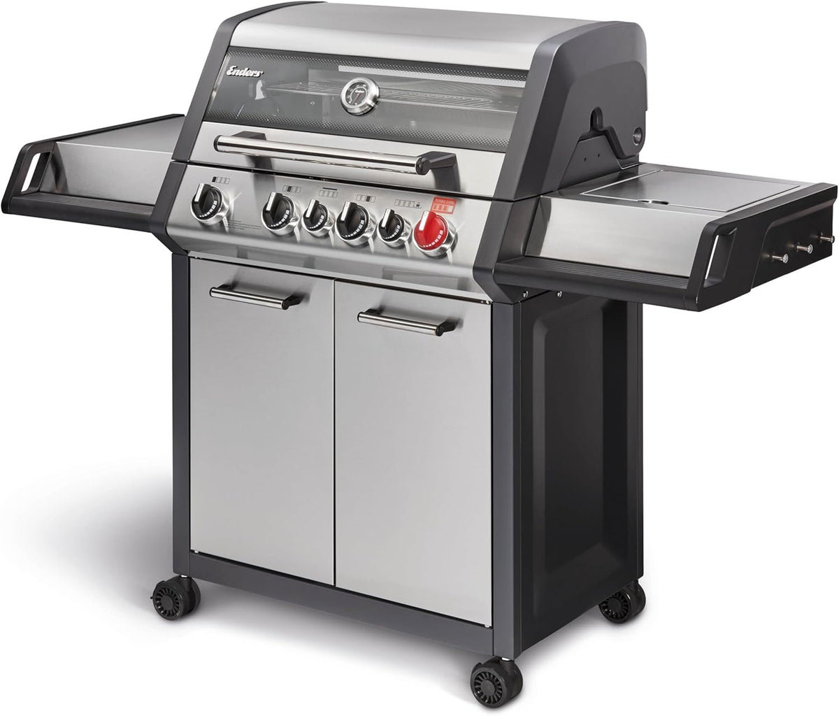 Barbacoa de gas Enders® MONROE PRO 3 SIK TURBO, 3 quemadores de acero inoxidable, hornillo lateral, quemador trasero infrarrojo, ventana PanoVision, quemadores HEAT RANGE, SWITCH GRID, 800 °C TURBO ZONE, SIMPLE CLEAN #8376, plata/negro