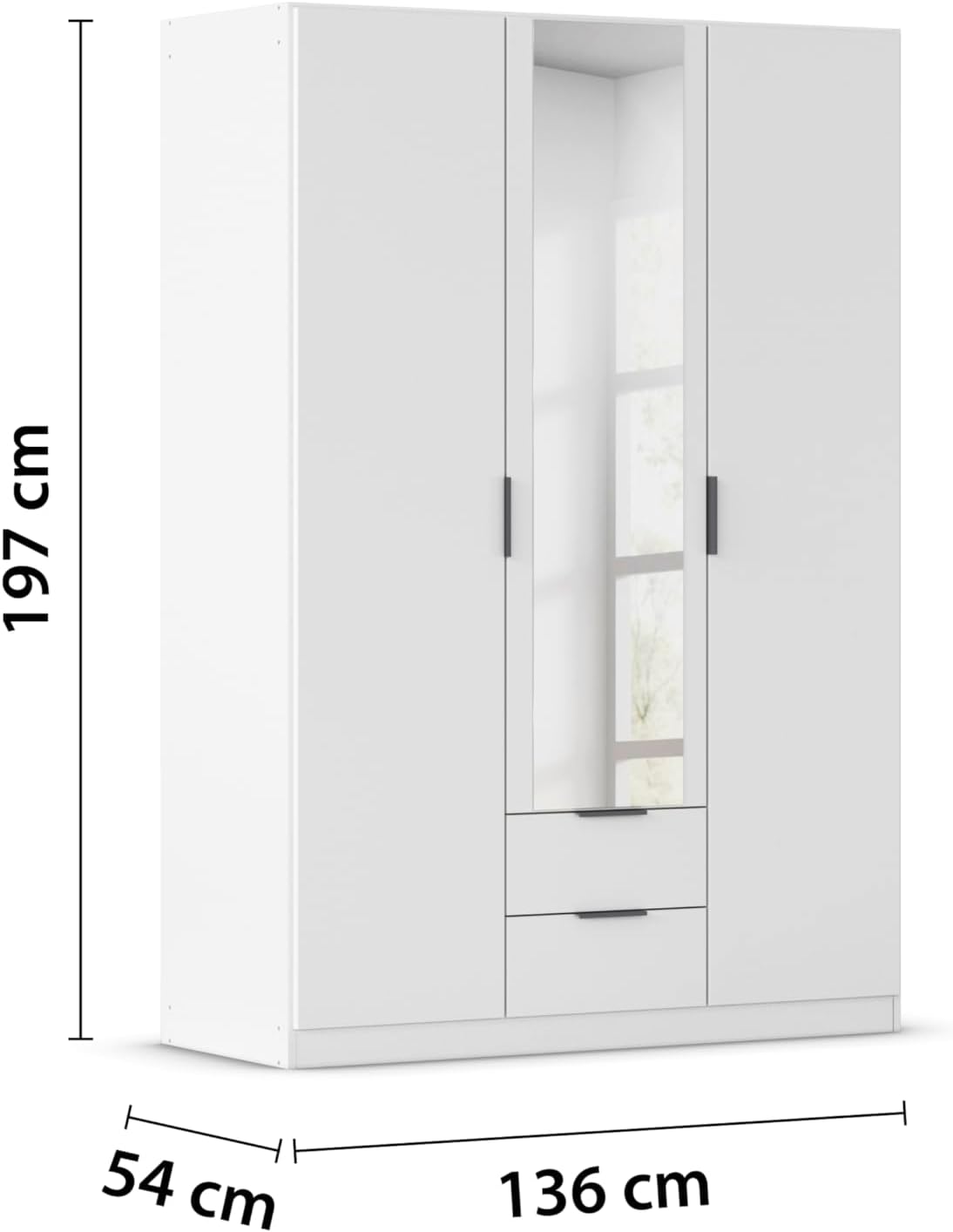 Rauch Möbel Lagoa, armario, ropero para dormitorio, habitación infantil, habitación juvenil, 3 puertas con espejo, 2 cajones, con accesorios básicos, color blanco, ancho 136 cm
