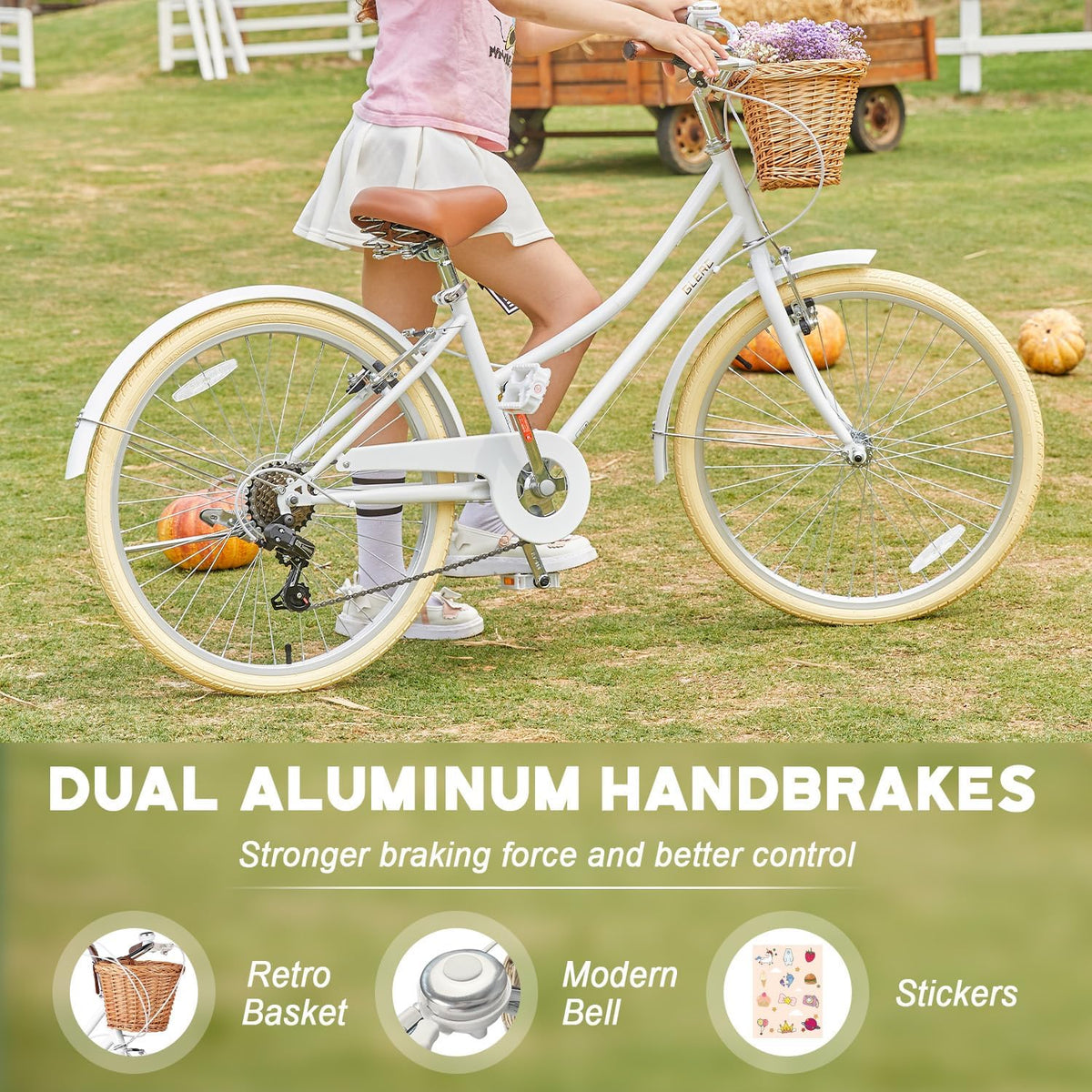 Glerc Missy 20, 24, 26 pulgadas bicicleta híbrida urbana tipo crucero para niñas, de 6 velocidades, con cesta de mimbre, para jóvenes mayores de 6 años, varios colores