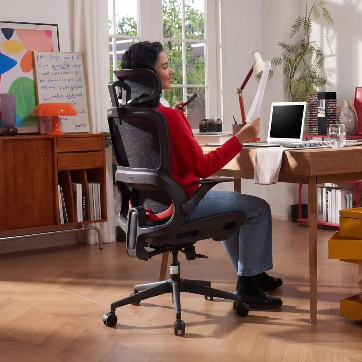 Silla de oficina ergonómica con soporte lumbar ajustable y reposacabezas B100 Lite, inclinación de 90-135°, silla giratoria de malla, 72x70x112 cm